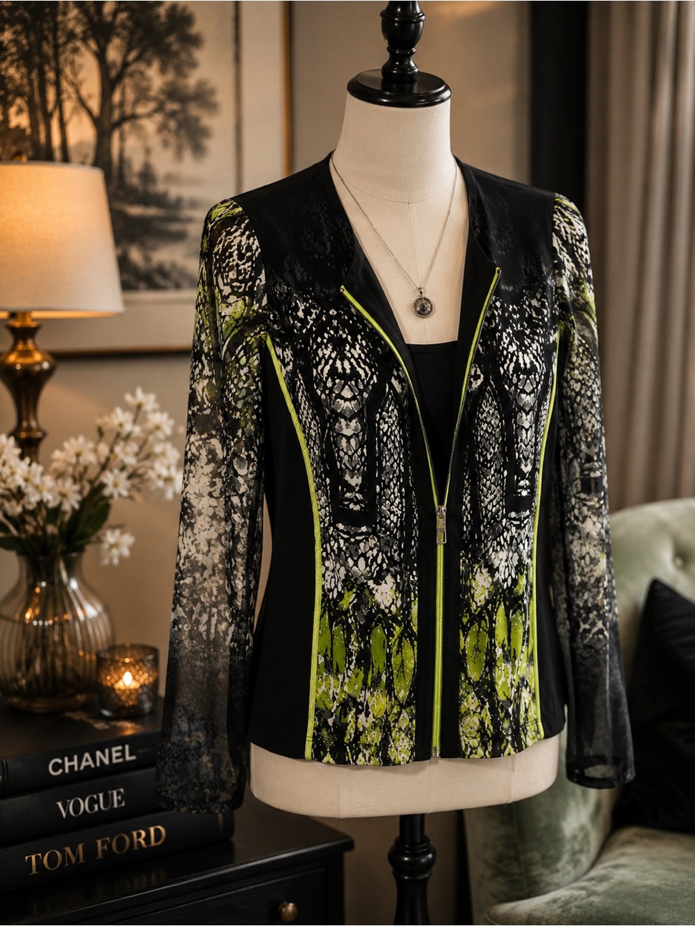 Picadilly Black Blazer with Lime Abstract Print Zip Front